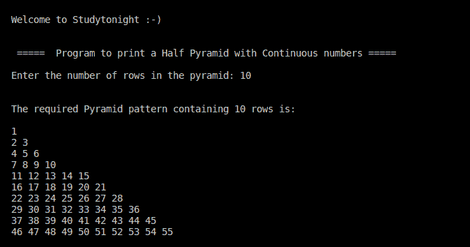 C++ half pyramid using continuous numbers