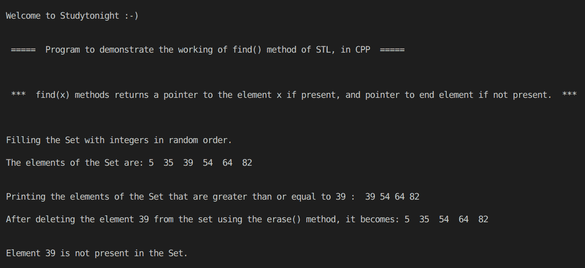 C++ find() method in set