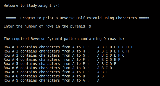 C++ reverse half pyramid using characters