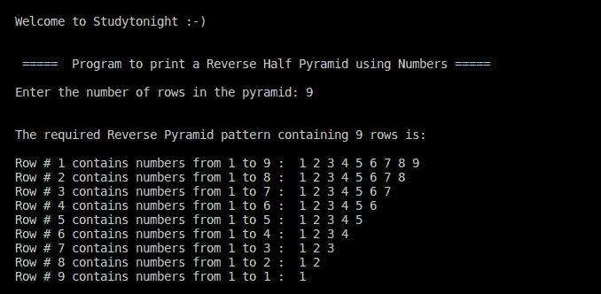 C++ reverse half pyramid using numbers