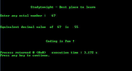 C Program output for conversion of Octal to Decimal Program