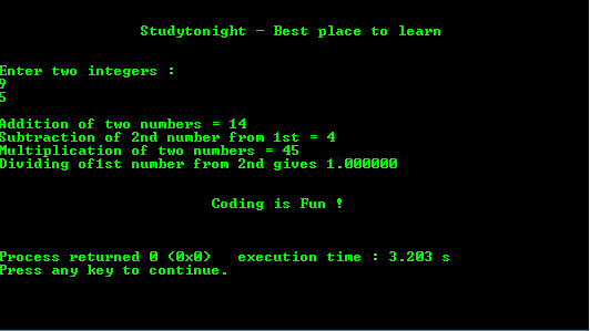 Program output for basic Arithmetic Operations without Typecasting