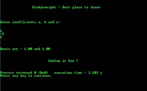 C program out for Finding Roots of Quadratic Equation