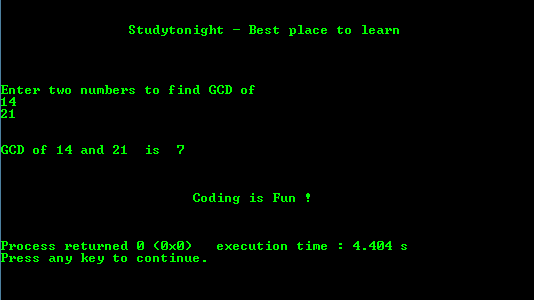 C Program output for GCD of two numbers using recursion