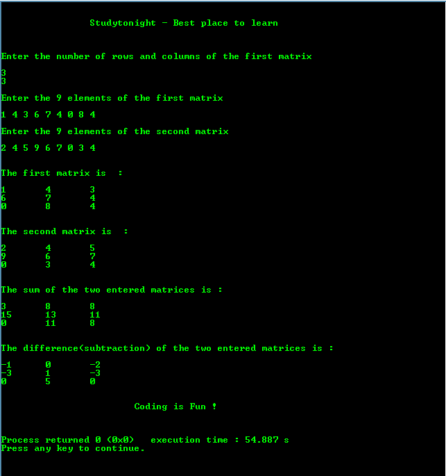 Program to perform Addition and Subtraction of two matrices