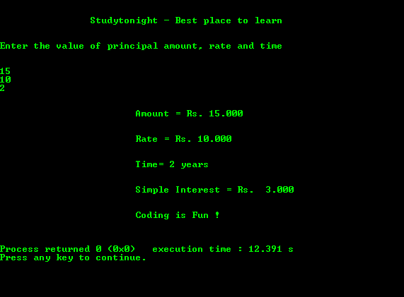 C program output for Simple Interest