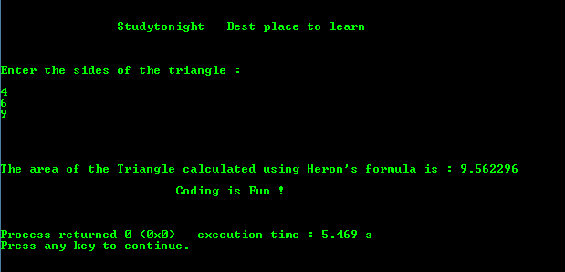C Program output for Area of Triangle using Heron's formula