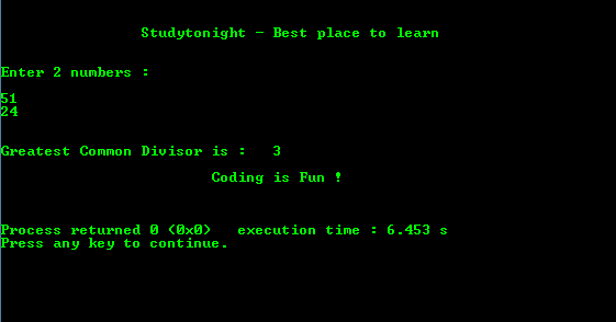 C program output to find GCD of Two Numbers Using Function