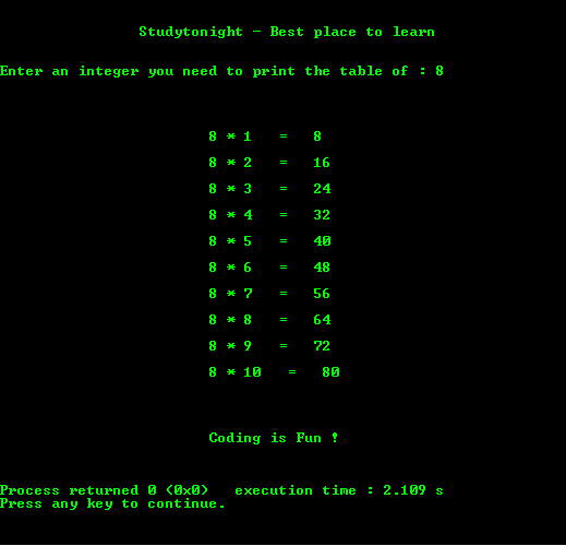 Program to print Multiplication Table of any Number in C