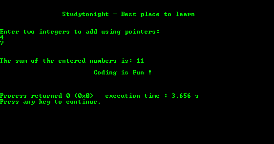 C program output for Adding two numbers using pointers
