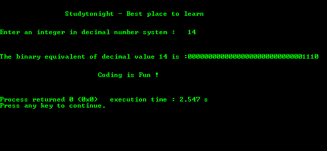 C Program output for converting a number from Decimal to Binary
