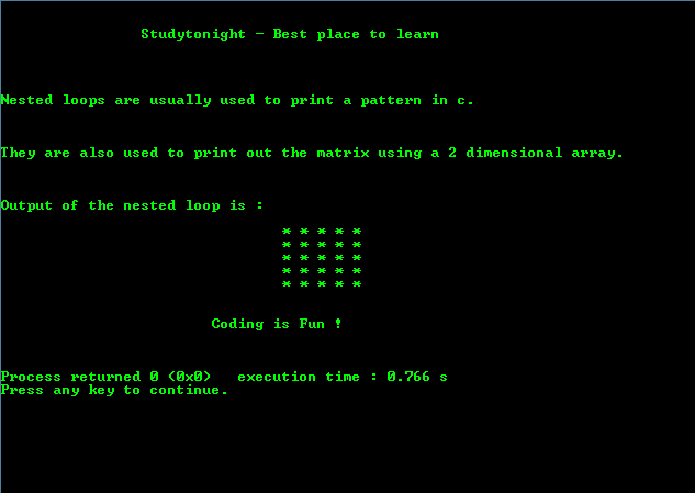 program example to show use of Nested for Loops in C